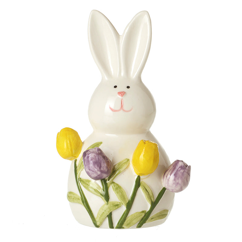 WHITE CERAMIC RABBIT WITH TULIPS