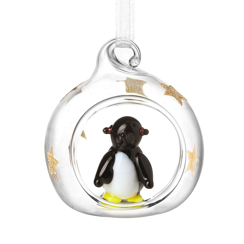 Clear & Gold Star Glass Bauble W/Penguin