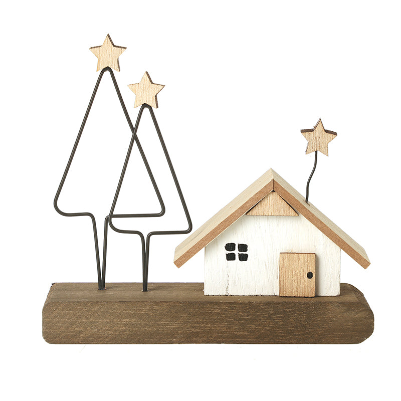 WOODEN HOUSE ON BLOCK WITH TREES & STARS