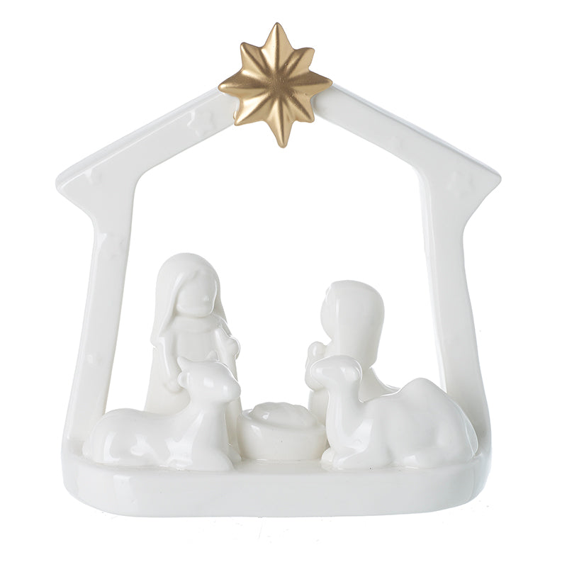 Lg White Ceramic Nativity With Gold Star