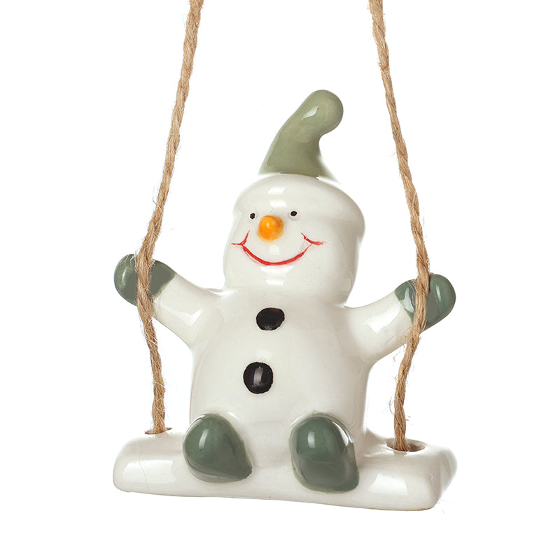 CERAMIC SNOWMAN ON SWING