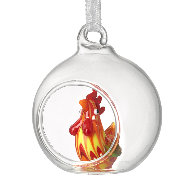 Glass Hanging Cockerel In Glass Ball