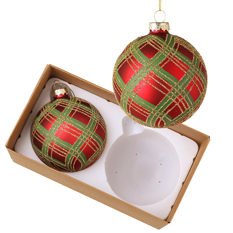 RED GREEN GOLD TARTAN CHECK BAUBLE SET