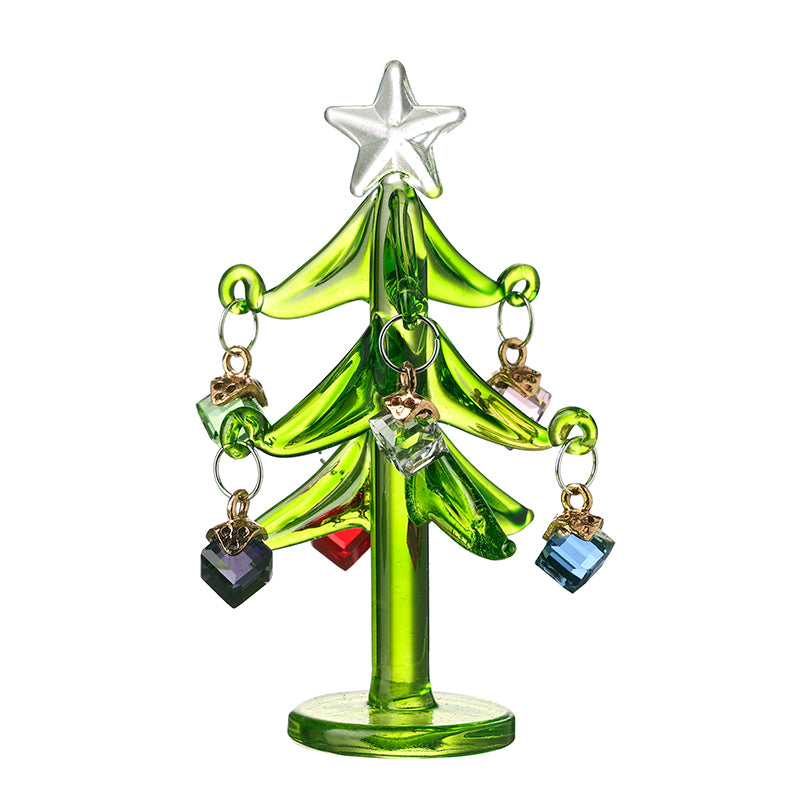 GREEN GLASS TREE WITH PRESENT BAUBLES