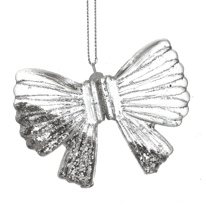 GLASS HANGING BOW WITH SILVER GLITTER