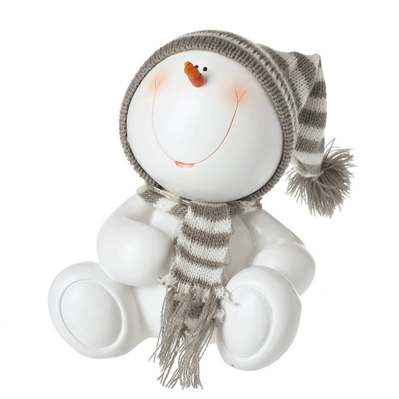WHITE RESIN SITTING SNOWMAN ORNAMENT
