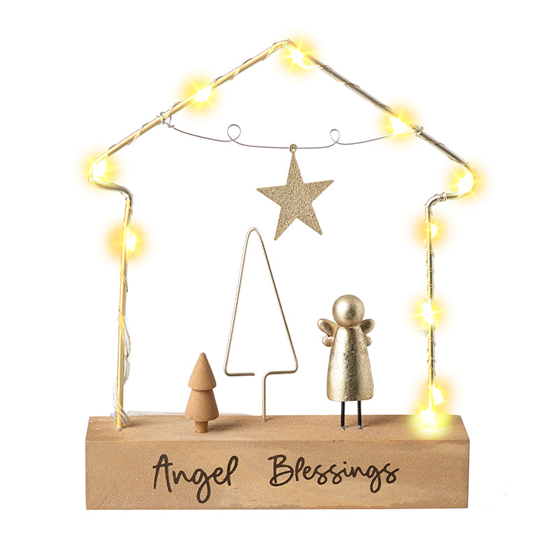 Light Up Metal House With Angel And Tree