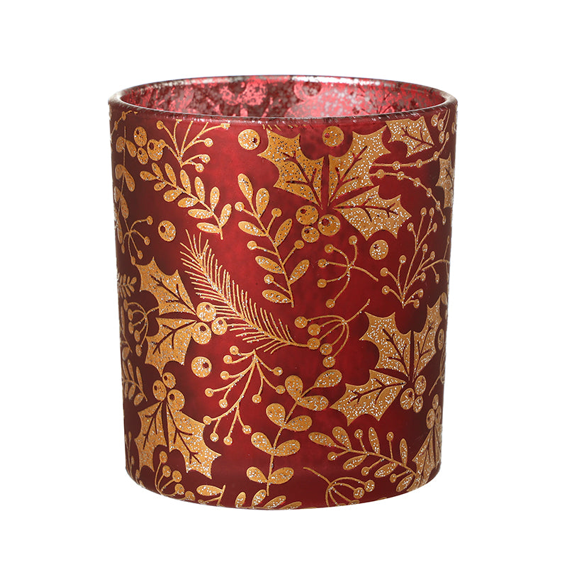 RED/GOLD GLITTER HOLLY CANDLE HOLDER SML
