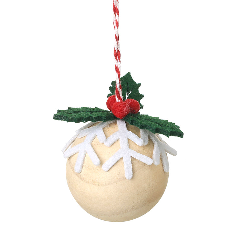 FELT HOLLY & SNOWFLAKE TOP WOOD BAUBLE