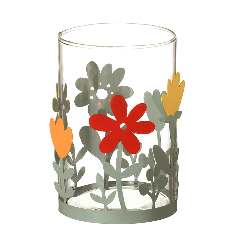 Metal Flowers Glass T-Light Holder Lrg