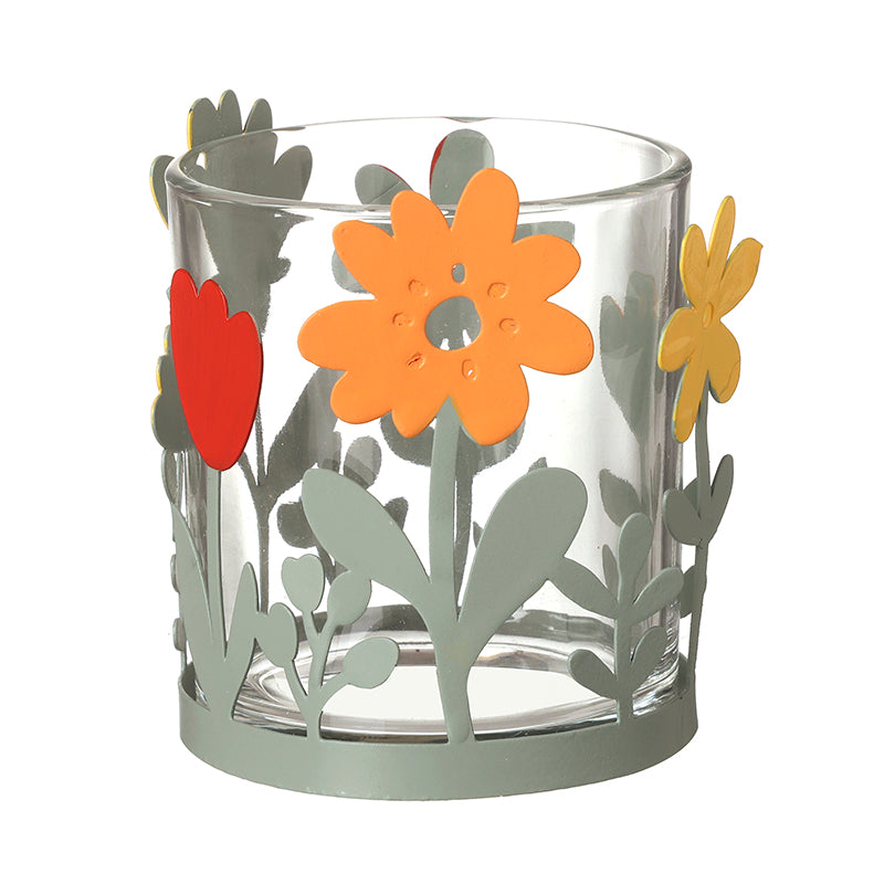 Metal Flowers Glass T-Light Holder Sml