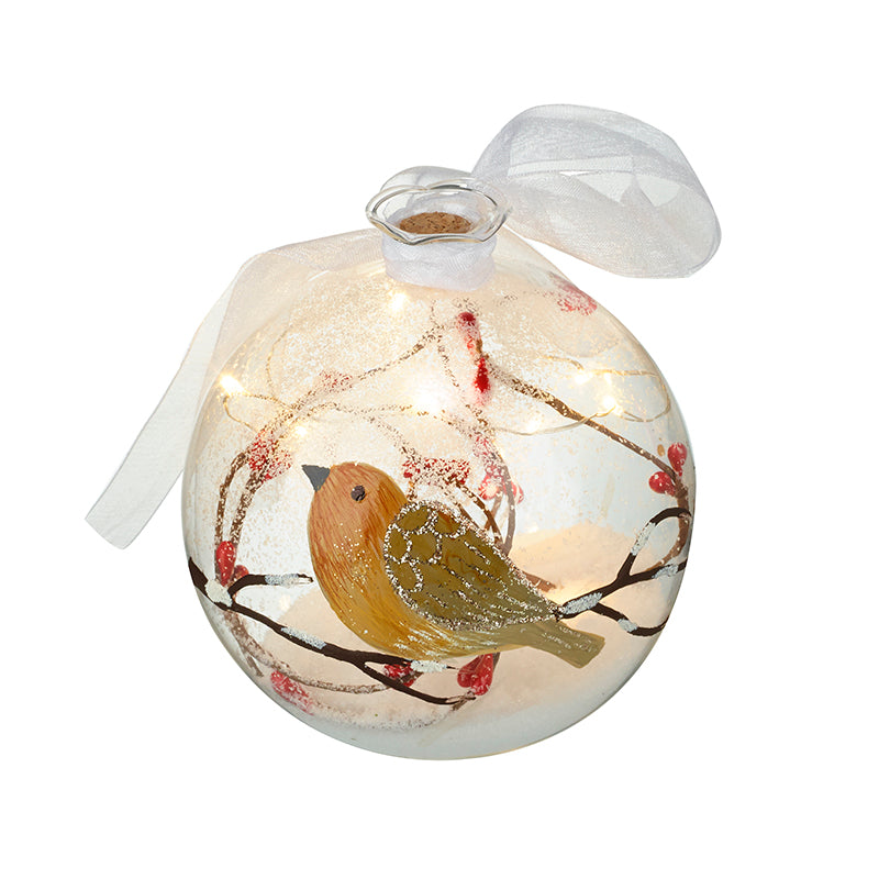 Glass Led Bauble With Robin
