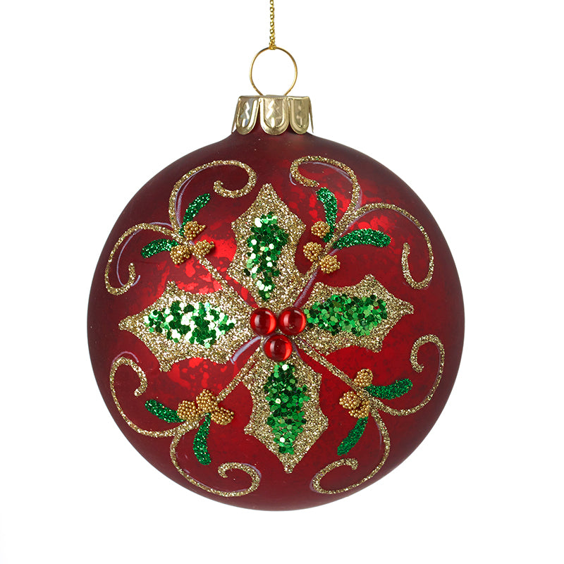 Red Gem And Holly Design Glass Bauble
