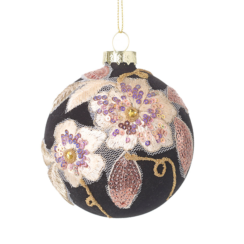 Black & Pink Flower Glass Bauble