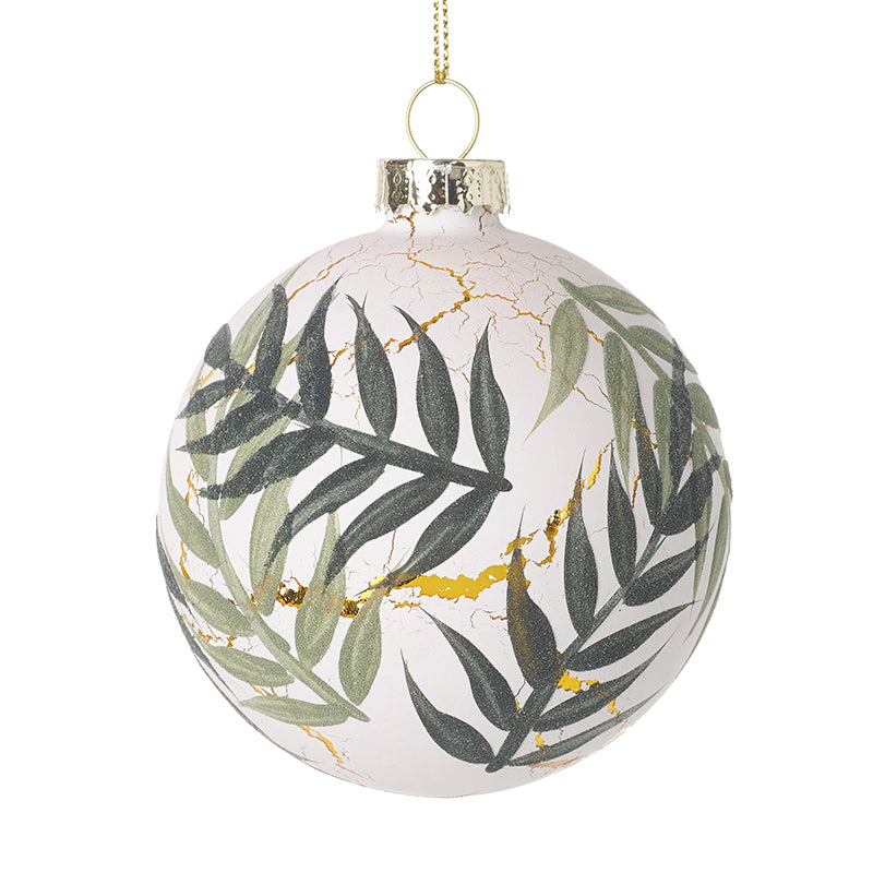 White & Green Leaves Glass Bauble