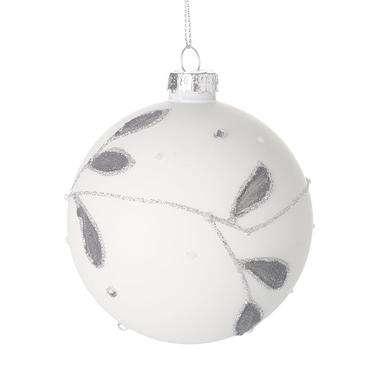 White Glass Bauble With Grey Leaves