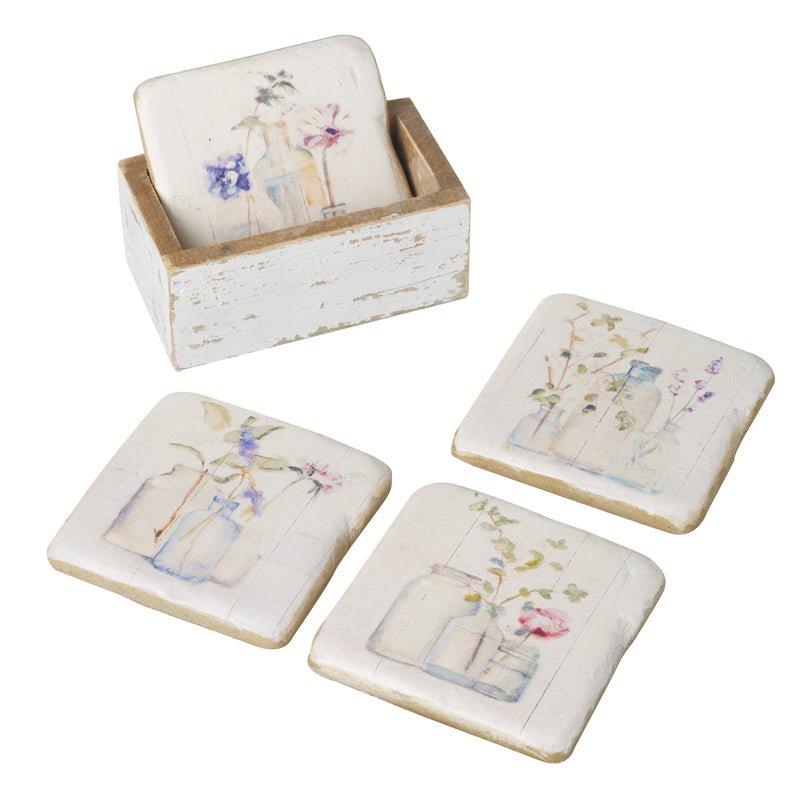 Floral Coaster Set In Wooden Holder