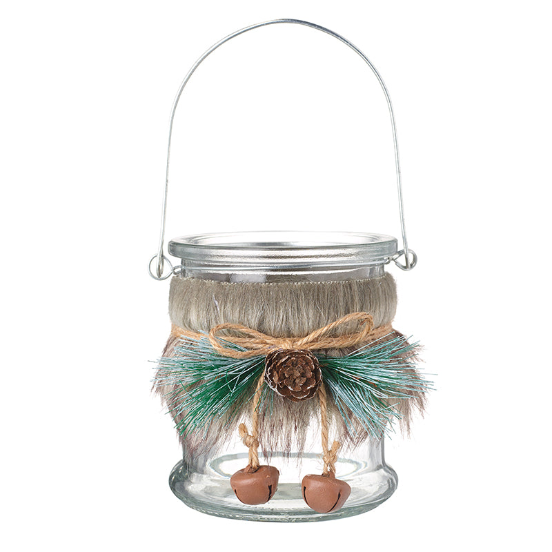Glass T-Light Jar With Fur Top & Handle