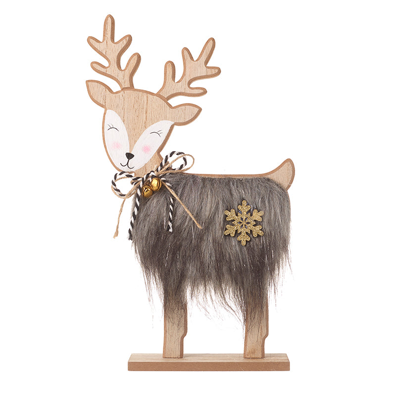 Brown Fur Standing Wooden Reindeer