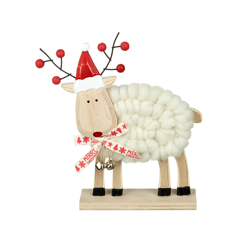 Wooden Wool Deer With Red Hat Sm