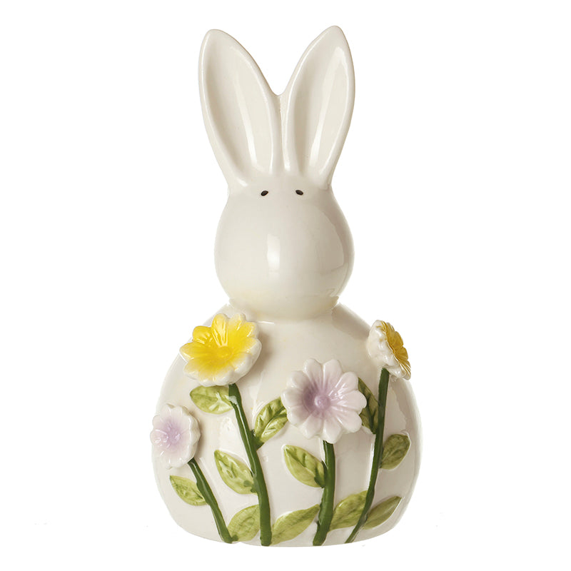 WHITE CERAMIC RABBIT WITH FLOWERS