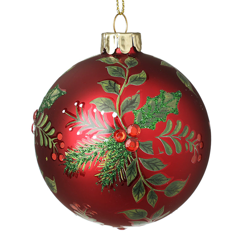 RED GLASS HOLLY DESIGN BAUBLE SML