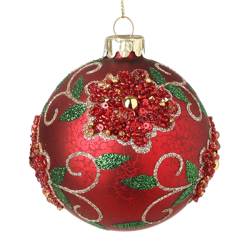 RED GLASS EMBELLISHED BAUBLE SML