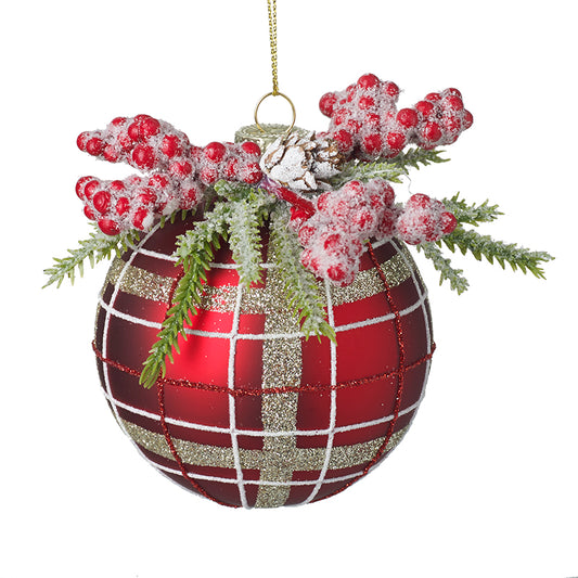 Red Foliage Topped Tartan Glass Bauble