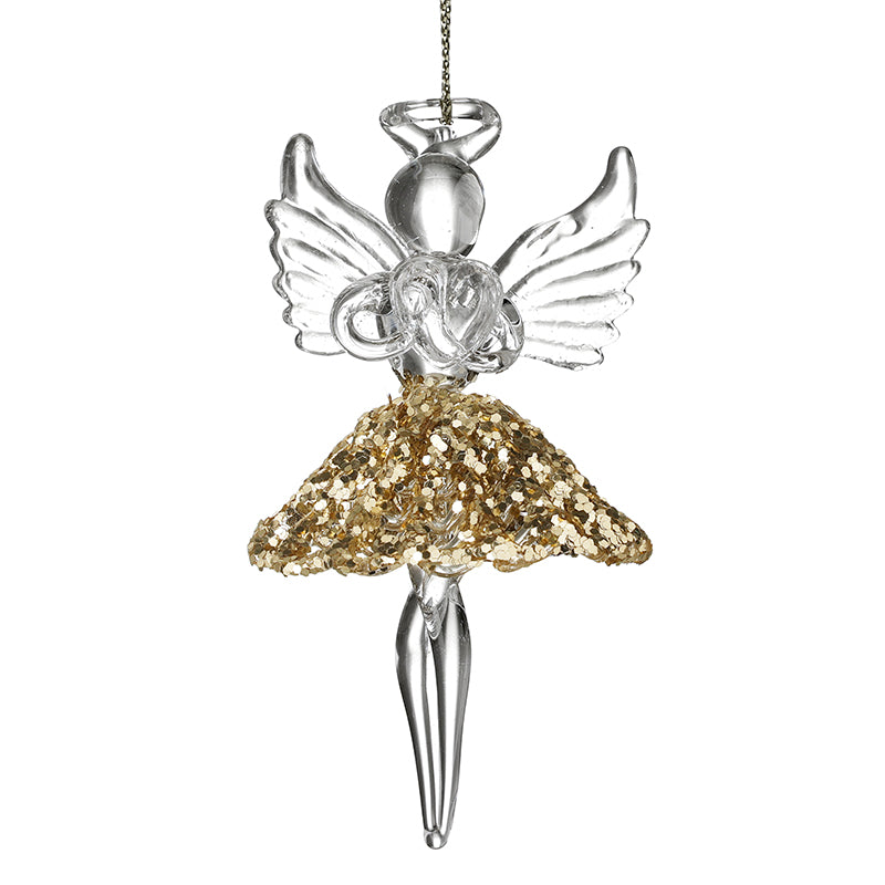 HANGING GLASS ANGEL W/GOLD GLITTER SKIRT