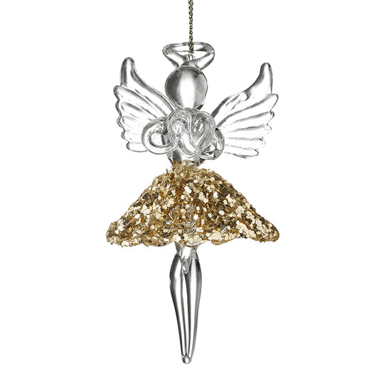 HANGING GLASS ANGEL W/GOLD GLITTER SKIRT