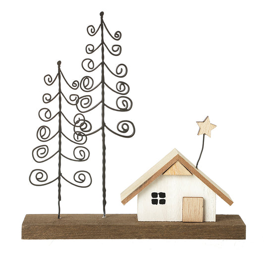 WOODEN HOUSE ON BLOCK WITH SPIRAL TREES