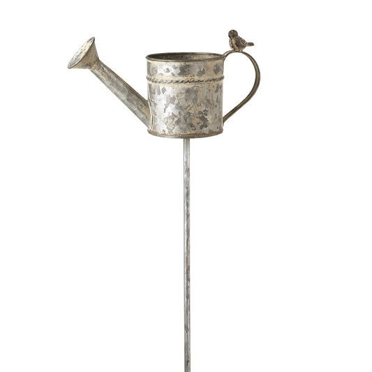 METAL BIRD ON WATERING CAN GARDEN STAKE