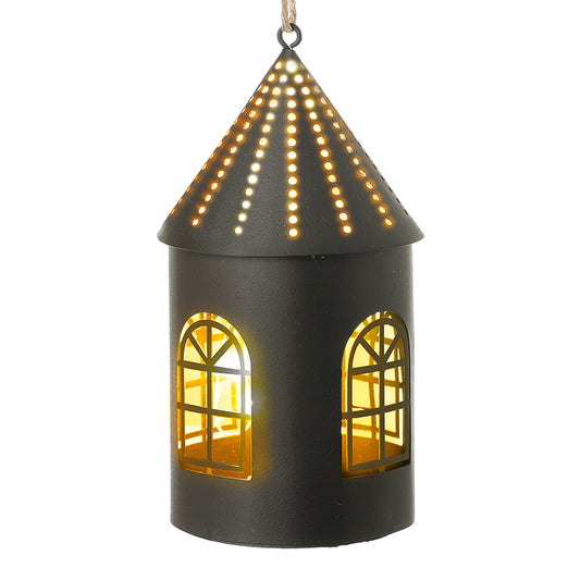 LARGE HANGING BLACK CUTOUT HOUSE LANTERN