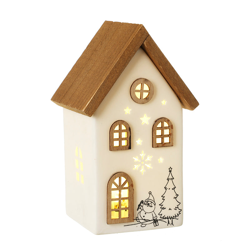 WHITE CERAMIC LED HOUSE ORNAMENT MED