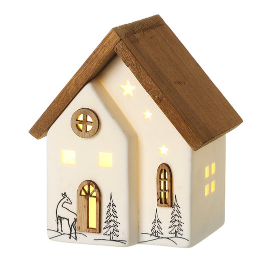WHITE CERAMIC LED HOUSE ORNAMENT SML