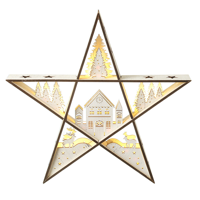 WHITE WOODEN LED WINTER SCENE STAR