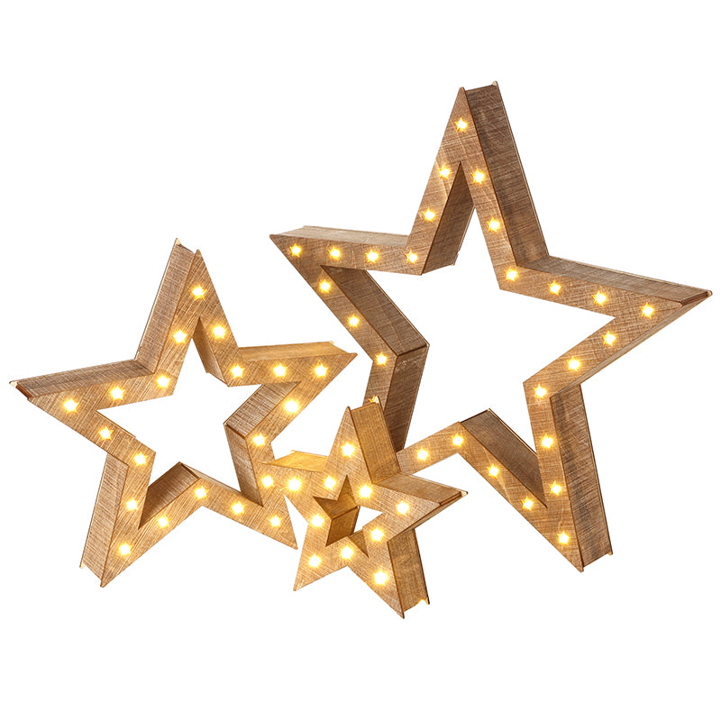 GREY WOODEN LED NESTED STARS SET OF 3