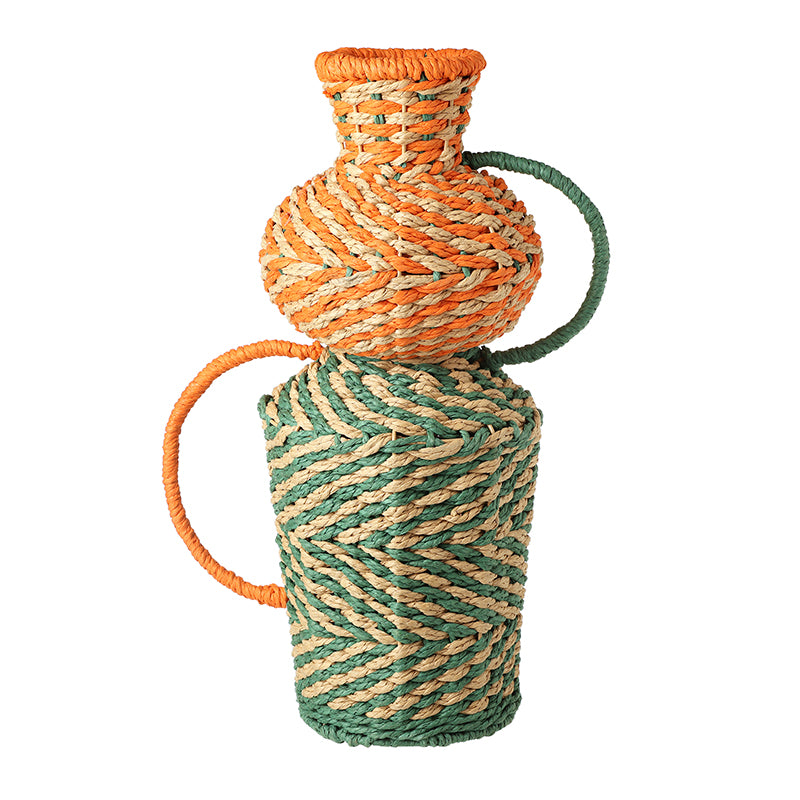 ORANGE AND GREEN ROPE VASE WITH HANDLES
