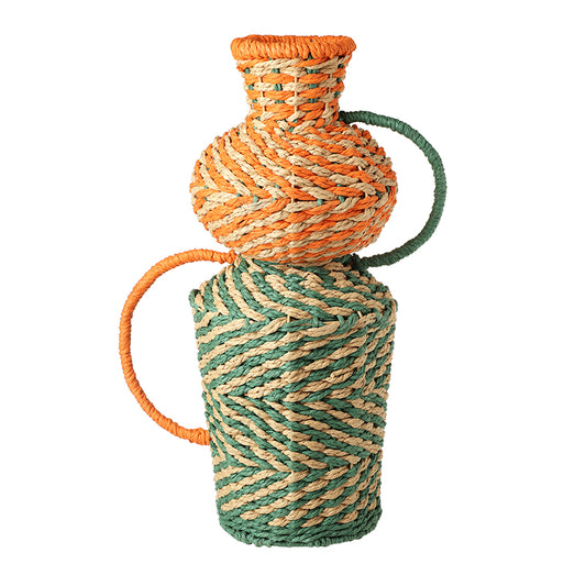 ORANGE AND GREEN ROPE VASE WITH HANDLES