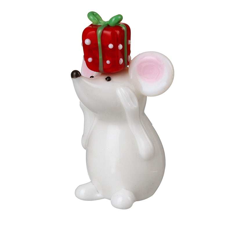 WHITE GLASS MOUSE WITH PRESENT