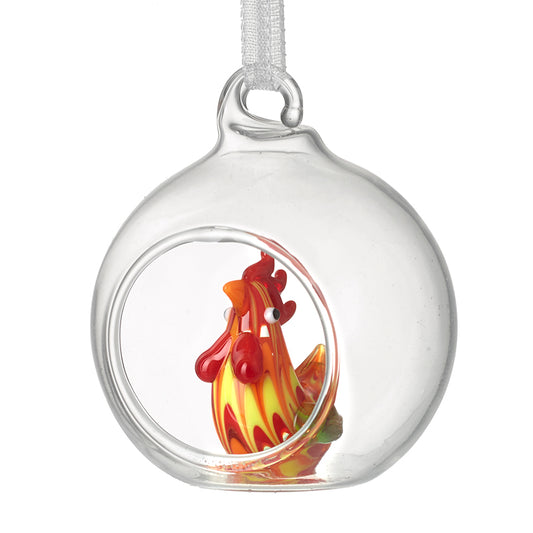 Glass Hanging Cockerel In Glass Ball