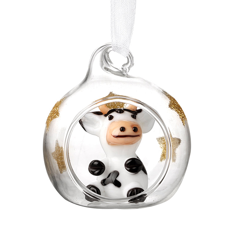 GLASS COW BAUBLE WITH STARS