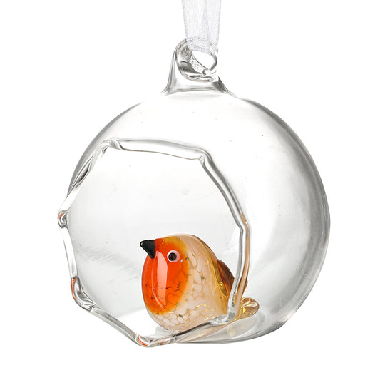 OPEN GLASS BAUBLE WITH ROBIN LARGE