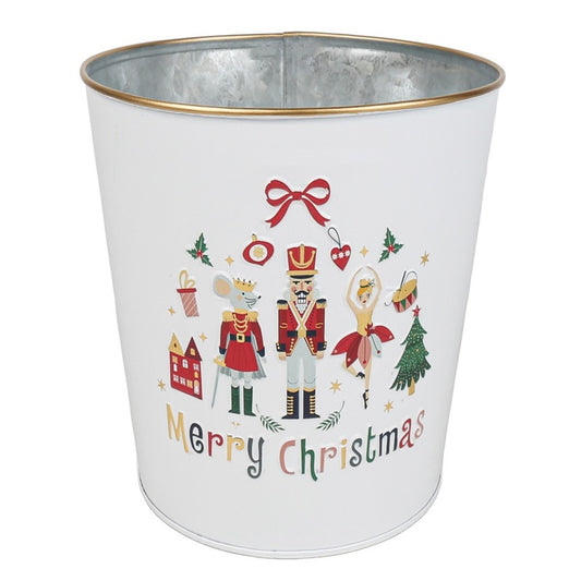 WHITE METAL MERRY CHRISTMAS METAL POT