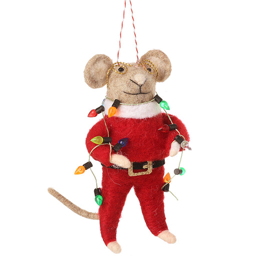 RED FELT SANTA MOUSE WITH LIGHTS DECOR