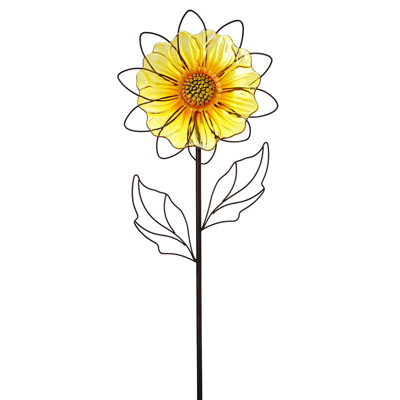Lrg Yellow Flower Glass & Metal Stake