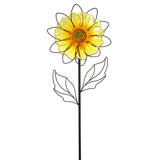 Lrg Yellow Flower Glass & Metal Stake
