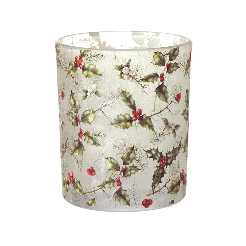 HOLLY FROSTED GLASS CANDLE HOLDER SML