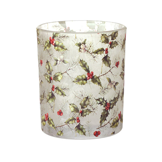 HOLLY FROSTED GLASS CANDLE HOLDER SML