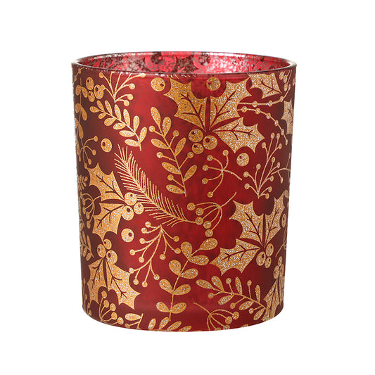 RED/GOLD GLITTER HOLLY CANDLE HOLDER LRG